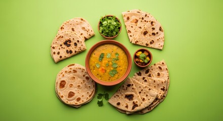 Delicious Indian Dal and Roti Meal Arrangement.