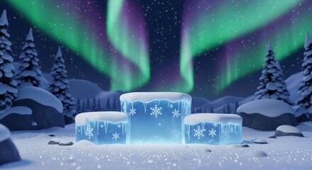 Winter Landscape with Snow Covered Ice Blocks and Northern Lights Display in the Background