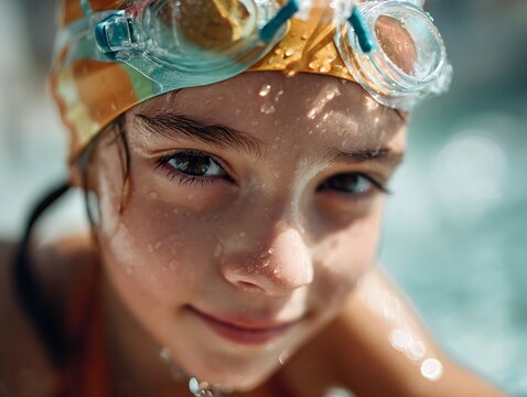 Close-up portrait of child swimmer after training in pool, wearing goggles and swim cap, symbol of confidence and progress in swimming lessons - Powered by Adobe