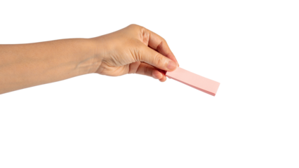 Paper stickers in hand. Hand holding a green sticker. Notes for the message on transparent background.