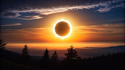 Dramatic solar eclipse over mountainous landscape at sunset