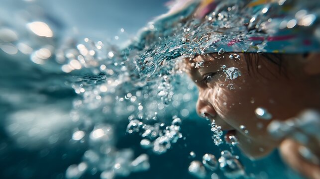 Focused young swimmer practicing underwater breathing during swimming lessons, captured in motion with dynamic splashes and light reflections