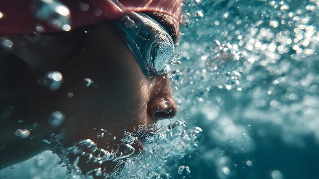 Child swimmer practicing underwater technique in a pool, wearing goggles and swim cap, captured in focused motion with air bubbles and light play
