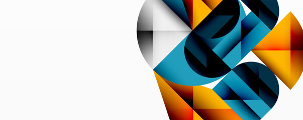 Abstract geometric shapes overlap, creating dynamic composition. Blue, orange, black hues dominate white background. Modern design.