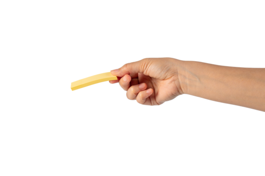 Paper stickers in hand. Hand holding a green sticker. Notes for the message on transparent background. - Powered by Adobe