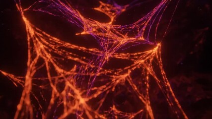 Abstract glowing neon web with intricate interconnected structures illuminated in vibrant orange and purple hues - Powered by Adobe