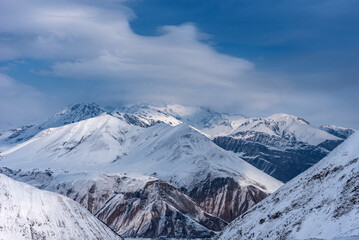 Winter landscape of the Caucasus Mountains in Gudauri, Georgia.