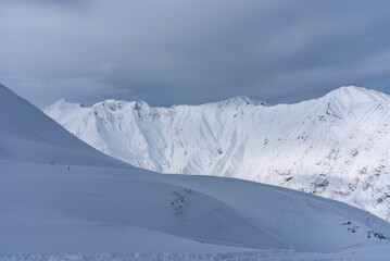 Winter landscape of the Caucasus Mountains in Gudauri, Georgia.