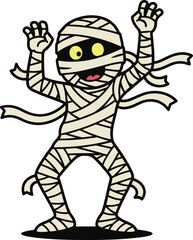 A happy, cartoon mummy character wrapped in bandages, with yellow eyes and an open mouth, striking a playful pose with arms raised.