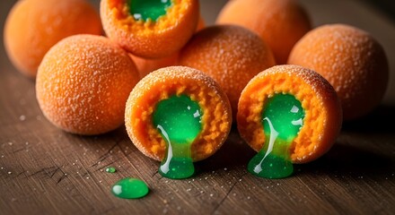 Spooky Halloween Candy - Orange Balls with Green Slime Filling.