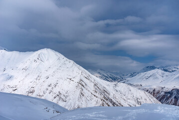 Winter landscape of the Caucasus Mountains in Gudauri, Georgia.