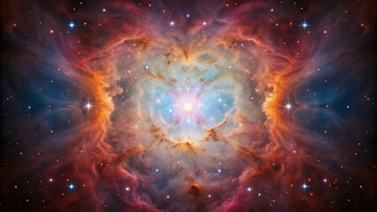 Symmetrical cosmic nebula with brilliant center and fiery outer edges