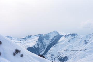 Winter landscape of the Caucasus Mountains in Gudauri, Georgia.