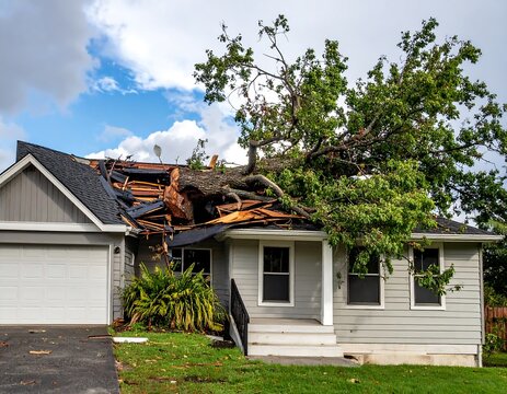 A house suffers significant structural damage as a large tree crashes down, ripping apart the roof in a dramatic display of nature's force