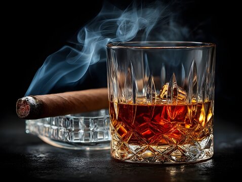 Glass of liquor with a cigar next to it