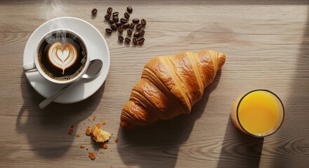 Breakfast Delight - Coffee, Croissant, and Orange Juice on a Wooden Table.