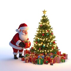 Cartoon Santa Claus with Red Outfit and Christmas Tree with Gifts on White