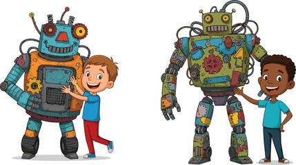 Cartoon children interacting with friendly robots, colorful mechanical designs, gears, wires, joyful expressions, technology theme, imaginative play, future concept, flat vector