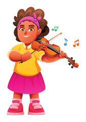 Little girl playing a violin with a bow. Cheerful kid student practicing music. Vector cartoon character illustration