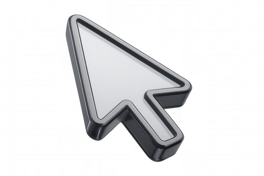 Metallic 3d mouse cursor graphic representing online interaction, digital selection, and control on a modern device screen