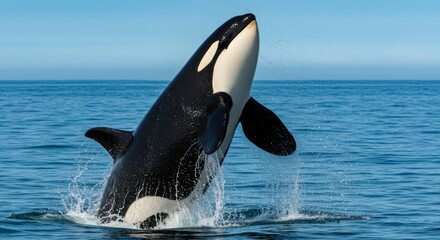 Fototapeta premium Majestic Killer Whale Breaching in Clear Blue Ocean Waters Displaying Graceful Aquatic Behavior and Power
