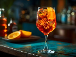 Glass of orange juice with ice cubes in it sits on a table