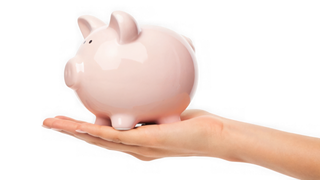 Pink piggy bank held in a hand, isolated on transparent background