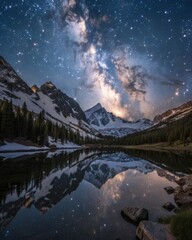 Milky way galaxy reflected in a serene mountain lake under a starry night sky