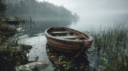 A weathered rowboat resting peacefully at a misty lakeside pier evoking solitude with subtle reflections and muted