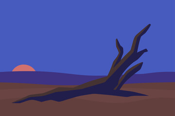 Minimalist desert landscape with dead tree and sunset