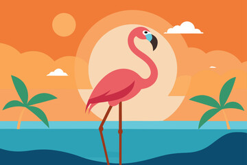 Pink flamingo standing in the ocean at sunset with palm trees