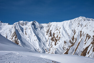 Winter landscape of the Caucasus Mountains in Gudauri, Georgia.