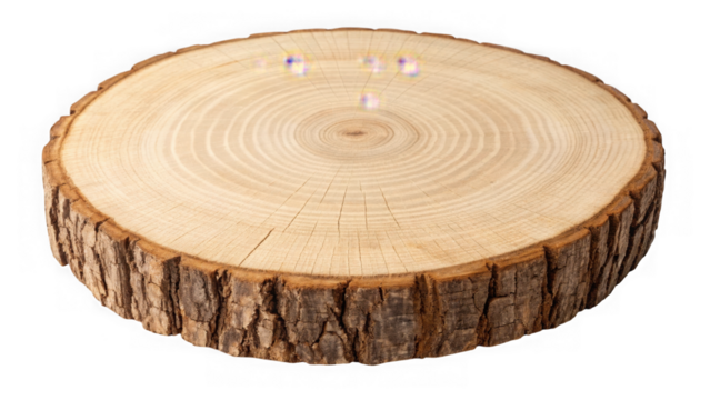 Natural wood slice with bark isolated on transparent background