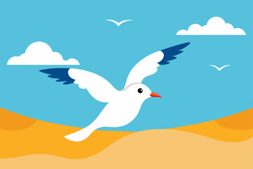 Fototapeta premium Cartoon seagull flying over sandy beach and blue sky