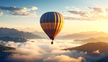 Obraz premium Hot Air Balloon Adventure Above Serene Mountainscape Cloudscape at Sunset