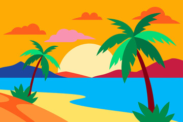 Fototapeta premium Vibrant tropical beach sunset with palm trees and colorful clouds