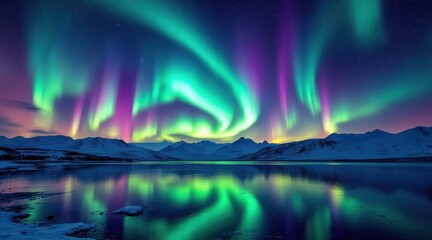 Vibrant aurora borealis dances above snowy landscape reflected in water