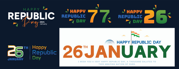 Indian 26 january 77 republic day text fonts design tagline, saffron, orange, green, gradient, colour, banner, poster, post, flyer, template, 