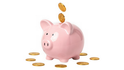 Pink piggy bank with gold coins falling into it, isolated on transparent background