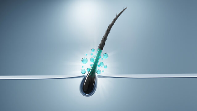 3D hair follicle emerging from scalp with glowing blue serum bubbles. Perfect for hair growth, follicle care, and cosmetic science visuals.