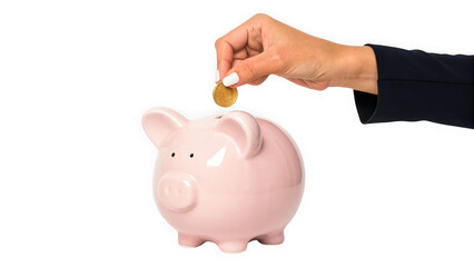 Hand inserting coin into pink piggy bank isolated on transparent background
