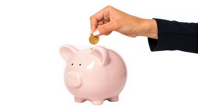Hand inserting coin into pink piggy bank isolated on transparent background