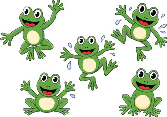 Cartoon frogs jumping, funny amphibian characters, green frog illustration, playful poses, water splash, expressive eyes, children’s design, vector art, animal theme
