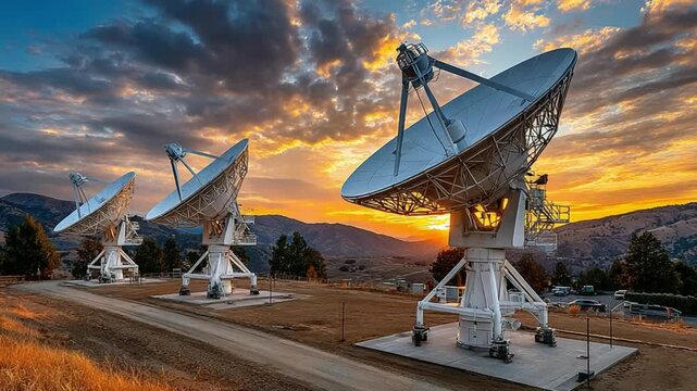 Cosmic Sentinels: Towering satellite dishes stand silhouetted against a dramatic sunset sky, capturing radio signals from distant galaxies and stars.