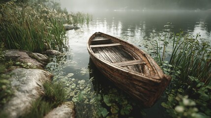 An old wooden rowboat rests peacefully on a misty lake promising quiet reflection and escape to nature with muted colors