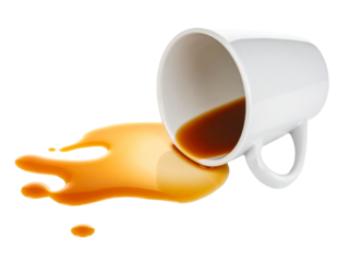 Spilled coffee cup white background, brown liquid and bean, mess and accident, isolated, caffeine concept, clean-up required.