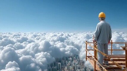 Visionary Perspective: A construction worker gazes out over a city emerging from a sea of clouds, representing a project's summit of success.