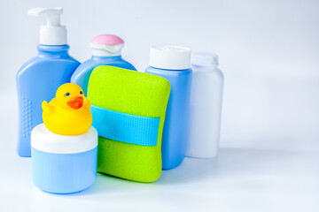 baby organic cosmetic for bath on white bakground