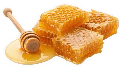 Honeycomb pieces with honey dipper isolated on transparent background