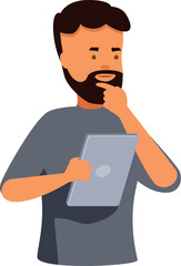 Bearded man holding tablet and thinking with finger on chin, making important decision or solving problem